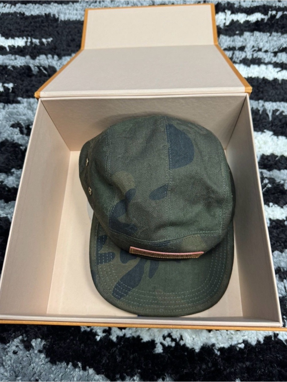 Louis Vuitton Green Camouflage Canvas Military Cap with Leather Trim